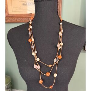 Boho Multi Strand Beaded Cord Necklace Orange Cream Black Shell Toggle